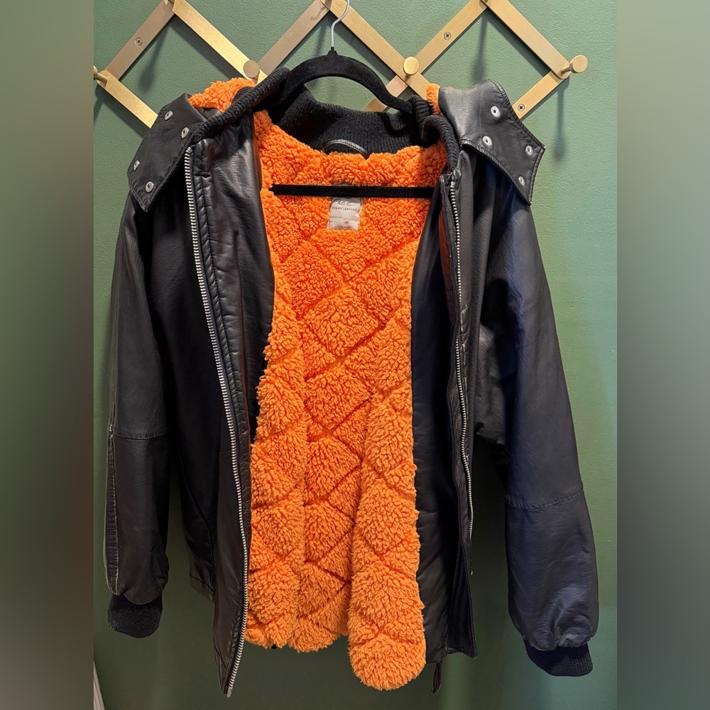 We The Free Vegan Leather Jacket - Women’s Medium - Black / Orange Sherpa Lined